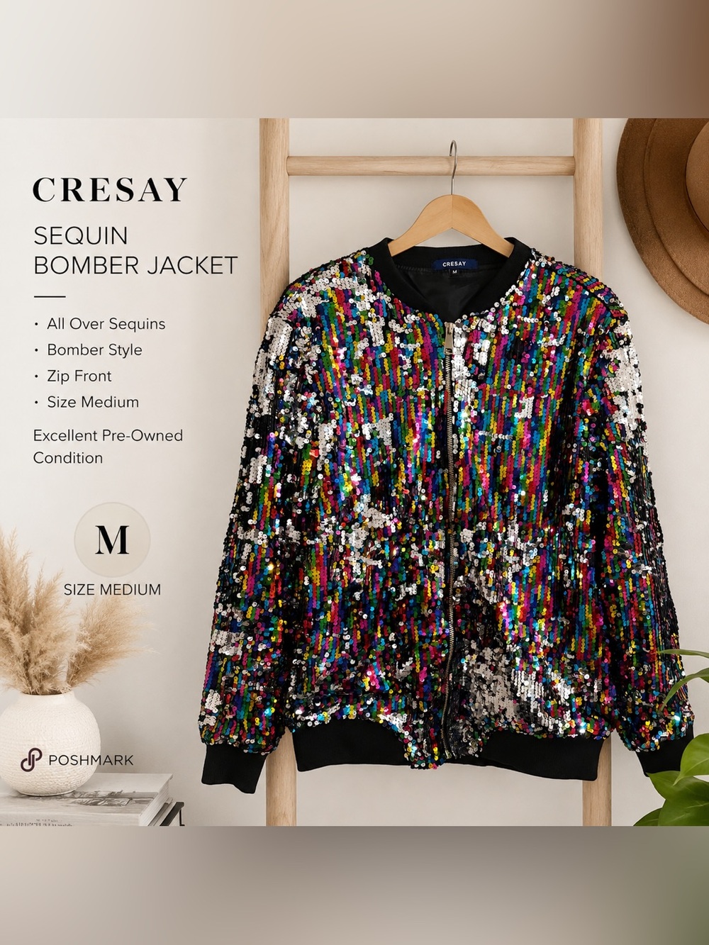 Cresay Multicolor Sequin Bomber Jacket with Black Trim